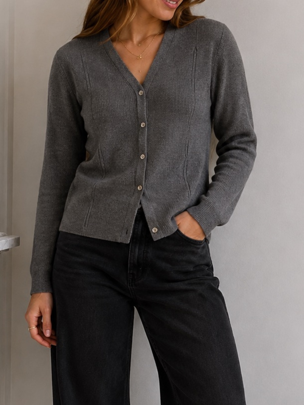 Jones & Co. Classic V-Neck Button-Front Sweater Cardigan - Gray